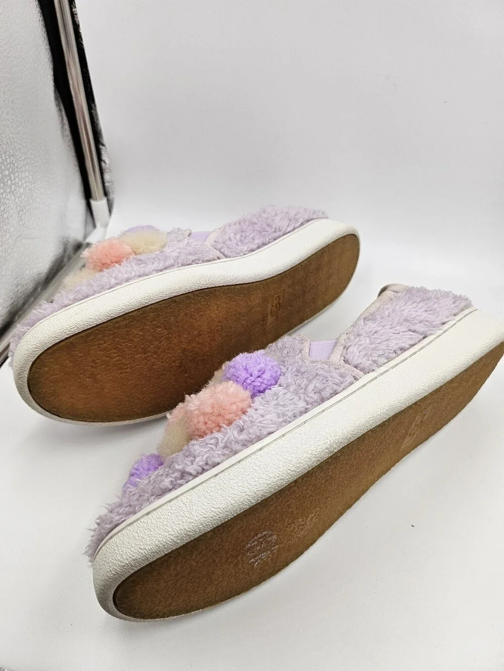 UGGS LAVENDER FOG RICCI FLUFF POM POM SLIP-ON SNEAKERS SHOES,ADULT SIZE US 9.5